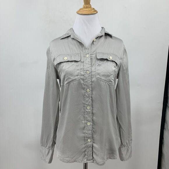 J.Crew Silk Shirt Womens 0 Silver 2011 Blythe Long Sleeve Button Front Pockets - Picture 2 of 11
